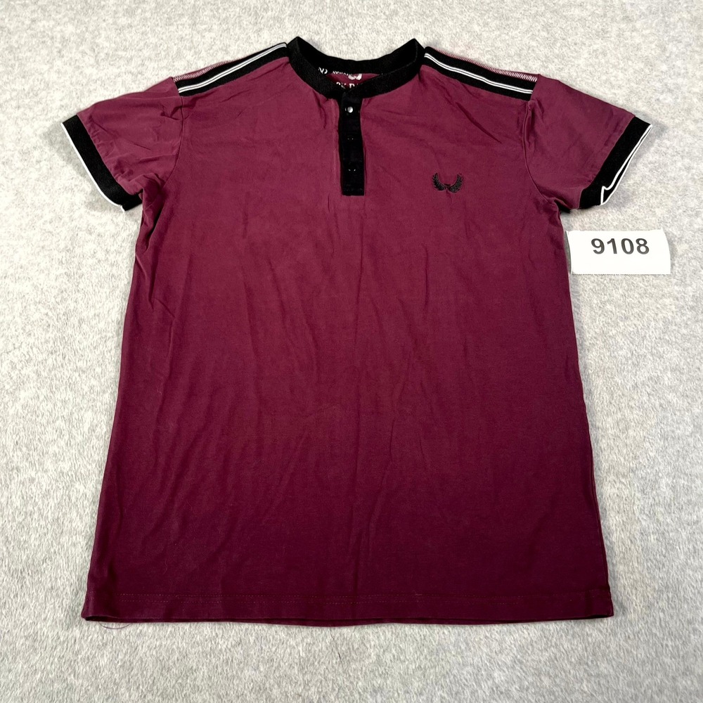Nick Danger Henley Shirt Mens Small Burgundy Black Cotton Stretch Short Sleeve